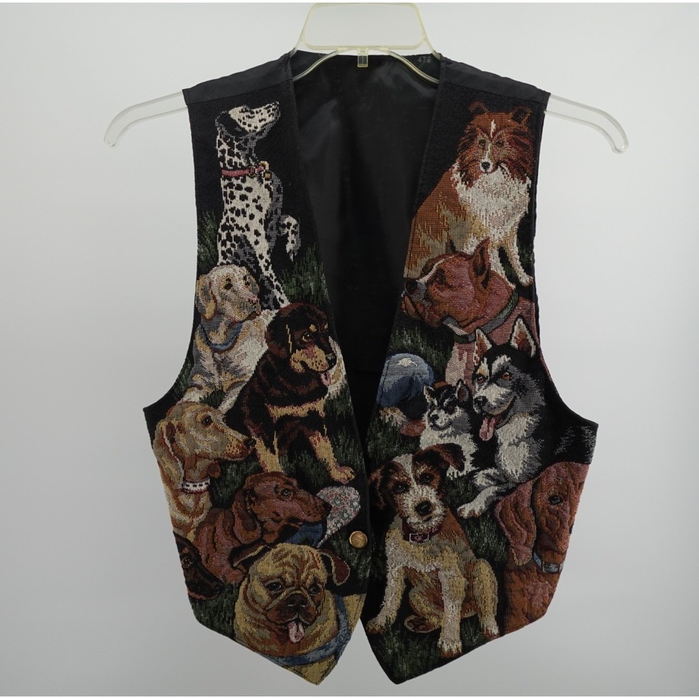 Vintage Dog Breed Tapestry Vest Black Multi Color Woven Puppy Print Cinch Back